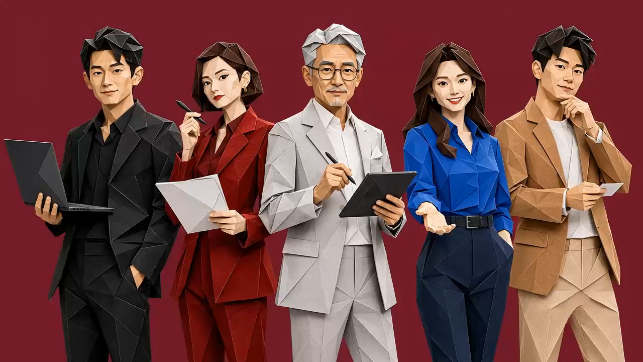 5-Color Harness의 다섯 전문가. 왼쪽부터 BLACK 초안을 쓴다, RED 논리를 따진다, SILVER 전문성 기반 검증한다, BLUE 공감대를 형성한다, GOLD 독자 관점 평가한다.